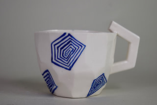 mug with blue pattern.